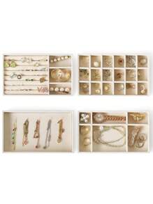 1/5pcs Beige Desktop Jewelry Display Storage Box Elegant Stackable Velvet Jewelry Tray Organizer - Portable Multi-Purpose Storage For Rings, Earrings, And Necklaces
