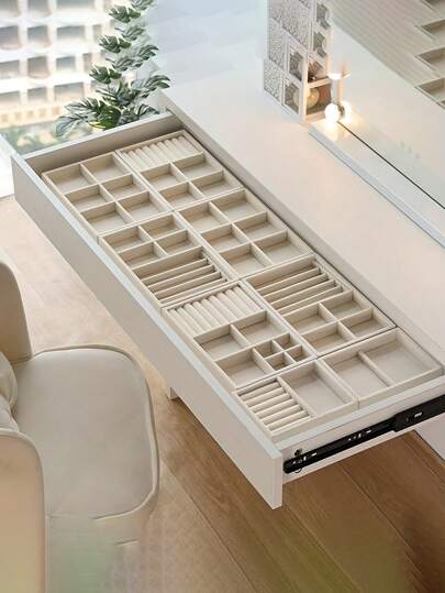 1/5 peças bege caixa de armazenamento de exibição de joias de mesa elegante organizador de bandeja de joias de veludo empilhável - armazenamento multifuncional portátil para anéis, brincos e colares