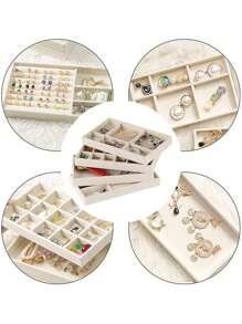 1/5pcs Beige Desktop Jewelry Display Storage Box Elegant Stackable Velvet Jewelry Tray Organizer - Portable Multi-Purpose Storage For Rings, Earrings, And Necklaces
