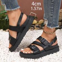 Sandalias de suela gruesa para mujer en talla grande, nuevos zapatos romanos de estilo plano y versátil para verano para pies anchos, sandalias planas de doble correa y hebilla para mujer con pies anchos, negras - Negro - Ver 5