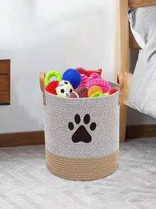 1入編織彩色區塊卡通收納籃，帶皮革手柄，狗狗玩具收納盒，洗衣籃，玩具整理箱 - 彩色 - 查看 3