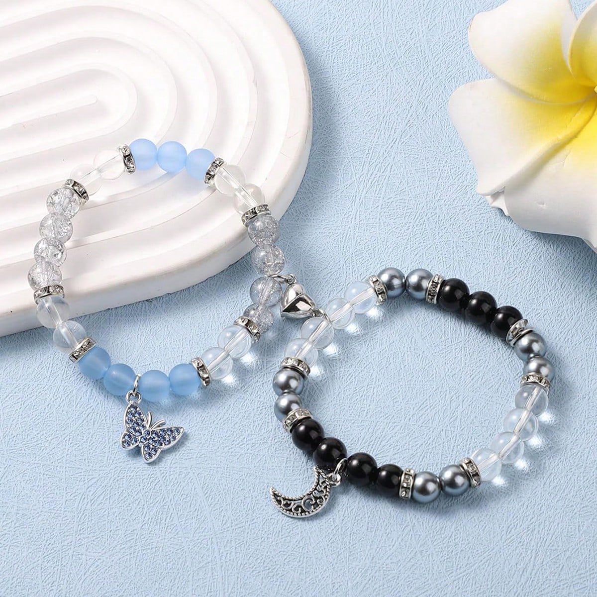 2 piÃ¨ces Bracelets de couple, bracelets assortis papillon magnÃ©tique et lune, bracelets en forme de cÅ“ur d'attraction mutuelle de la