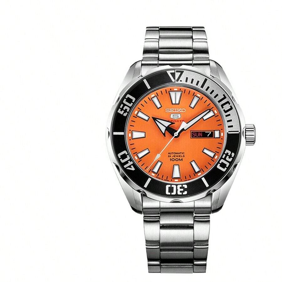 Seiko 5 SPORTS SRPC55J1 自动手表，橙色表盘，100 米防水，24 颗宝石，不锈钢 - 橘色 - 查看 1