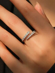 1枚奢华925纯银闪亮圆形立方氧化锆可调节开口戒指，适合女性、女孩、婚礼派对珠宝配饰 - 銀色 - 查看 3