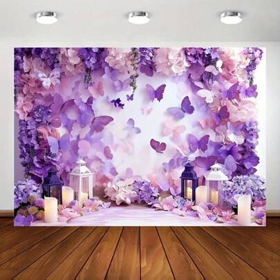 1 件蝴蝶花卉聚酯纤维背景，适用于新娘生日派对，多用途，无需电力 - 紫色蝴蝶花卉主题，适合秋冬场合、圣诞节