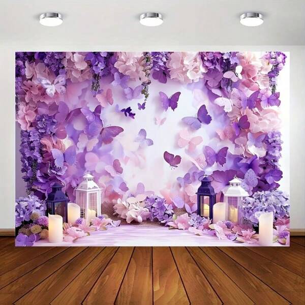 1pc Butterfly Floral Polyester Backdrop For Bridal Birthday Parties, Multipurpose Use Without Electricity - Purple Butterfly Flowers Theme For Fall Winter Occasions, Christmas