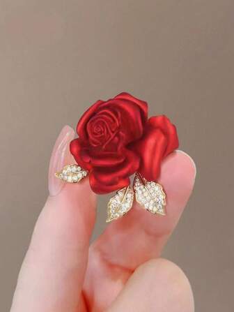 Red Rose Flower Brooch With Rhinestone Decor Valentines,Mom,Mother,Mother's Day,Gift