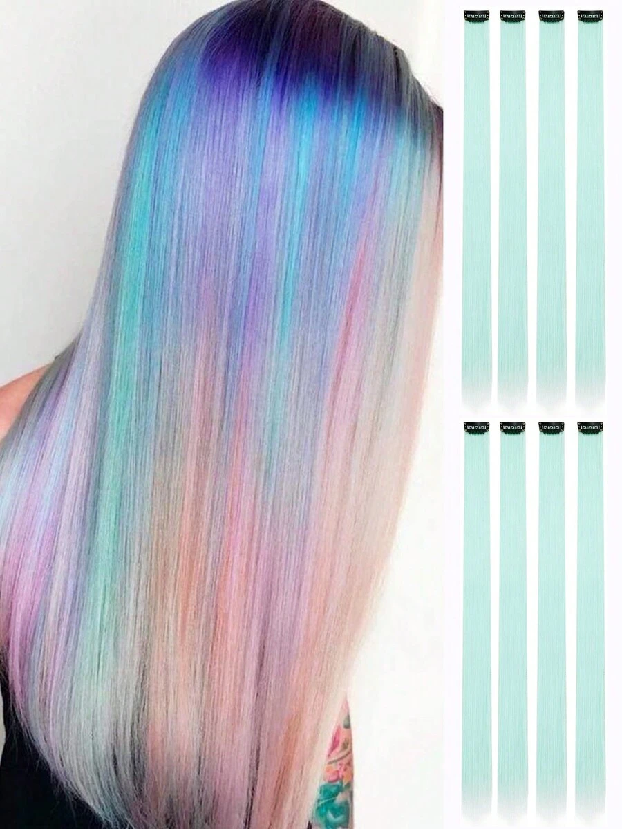 Colored Hair Extensions 8 Pcs/Pack Multi-Colors Party Highlights Clip In Synthetic Hair Extensions 22 Inch Rainbow Hairpieces For Women Girls - Baby Blue - View 1