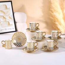 6 piezas Juego de taza y platillo de estilo europeo, borde dorado, taza de café y platillo de cerámica de 2.8oz, adecuado para desayuno, té de la tarde, fiesta de té, hogar, jardín, restaurante y otras ocasiones. Vajilla para verano e invierno, juego de taza y platillo, esencial para la temporada de regreso a clases.