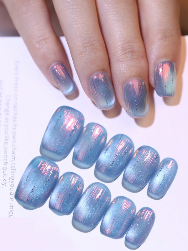 10 piezas Tails de sirena y hadas. Uñas postizas de punta de ataúd cortas 100% hechas a mano con efecto ojo de gato mágico de Aurora, de color desnudo y azul. Consejos de pegatinas de uñas reutilizables para decoración de uñas y suministros de uñas uñas falsas uña falsa uña acrílica