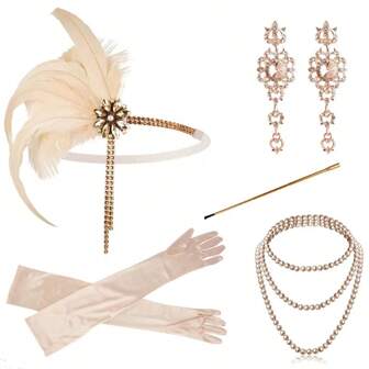 Flapper Accessories From The 1920s, Roaring 20s Gatsby Party Accessories, Flapper Costume Set Including Headband, Necklace, Gloves, Earrings, Holder, Black Gold Halloween Valentine's Day Valentines Prom