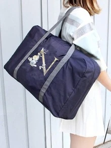 多功能便携式可折叠旅行收纳袋花卉字母图案大容量行李收纳袋旅行袋手提包手袋手拿包健身包过夜包周末包瑜伽健身衣服收纳袋旅行袋 - 藏蓝色 - 查看 26