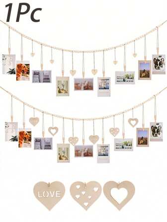 带夹子的悬挂式相框，木珠串挂式照片展示带（含9个夹子）波西米亚原木色木珠花环照片夹木质夹子照片收纳装饰农舍乡村风装饰悬挂珠子家居装饰