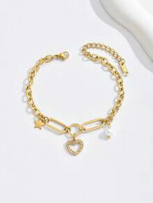 1入時尚中空星型不銹鋼女手鏈，奢華簡約慶典配飾 - 金黃色 - 查看 4