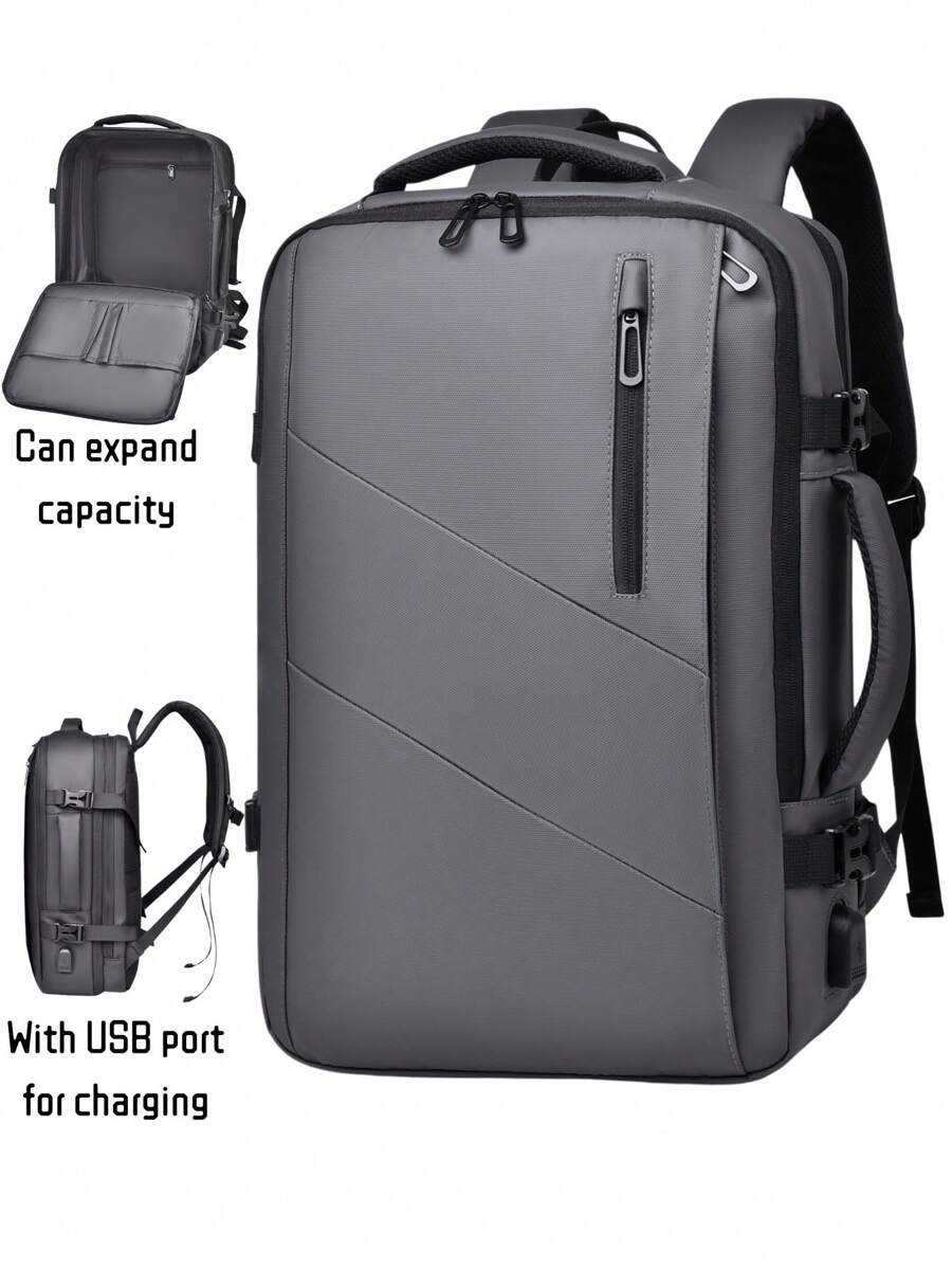 男士新款大容量旅行背包，可擴展肩袋，多功能旅行電腦背包，中性週末過夜包，戶外海灘包，學生背包。配置USB充電口，多層口袋可擴展厚度，防刮擦、耐磨和防水面料，休閒商務男士包，質感簡約復古時尚包，適用於海濱旅行、商務差旅、購物、上下班通勤。適合作為朋友、家人和男友的禮物。