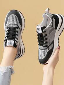 Tenis Tejido Knit Mujer Malla Transpirable Plataforma Suave, Zapatillas Casual con Logo H Decorativo, Suela Antideslizante Cómodas para caminatas, compras y uso diario todo el año - Gris Oscuro - Ver 6