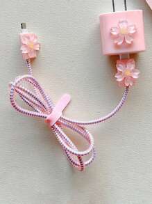 5pcs Cherry Blossom Charger Protection Cover Set, Preventing Cable Breaking, Suitable For 18w/20w Charger And Mobile Data Cable - Pink - View 3