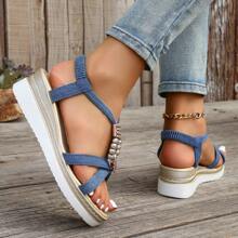 Summer Fashion European & American Style Plus Size Open Toe Espadrille Platform Sandals For Women With Buckle Strap, Beach Shoes