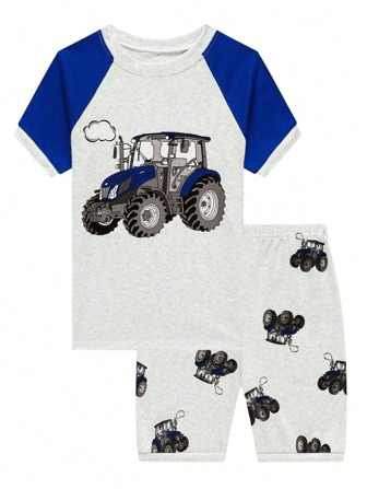 2pcs Young Boy Short Sleeve Cartoon Truck Printed Pajama Set, Casual Homewear, All Seasons