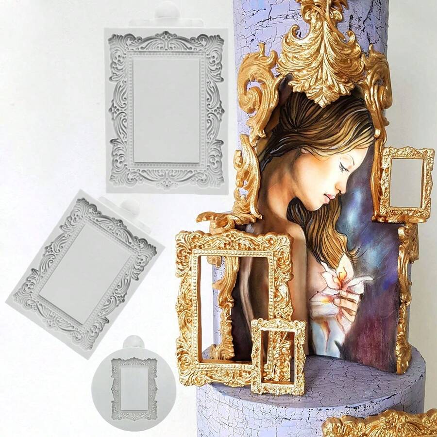Molde de silicona fondant con patrón de marco de fotos combinado, herramienta de decoración de pasteles, molde para dulces, cupcakes y chocolates, accesorio de cocina, herramienta de horneado - Gris Claro - Ver 1