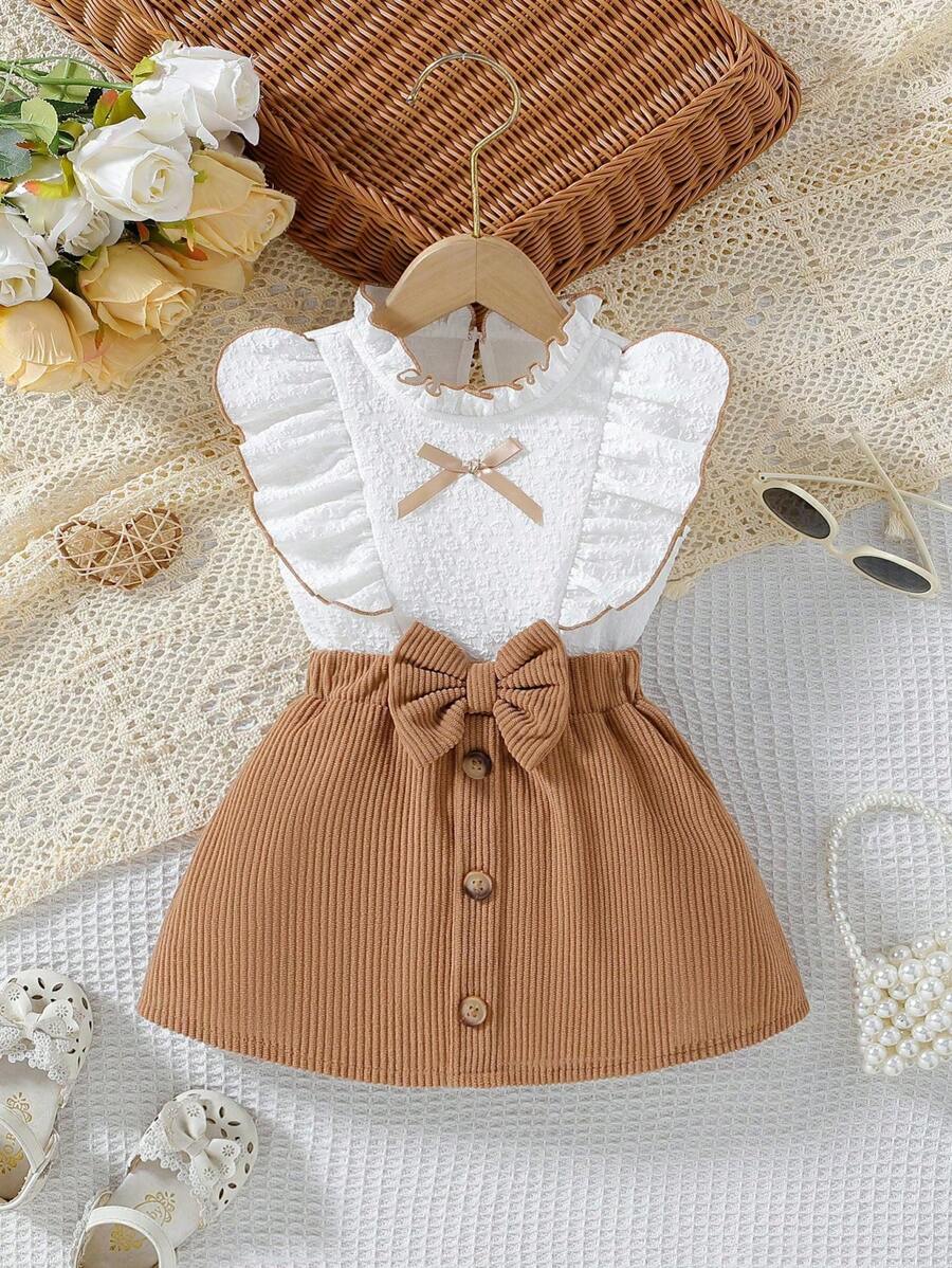 Set Bayi Perempuan Busur Ruffle Tombol Depan Blok Warna