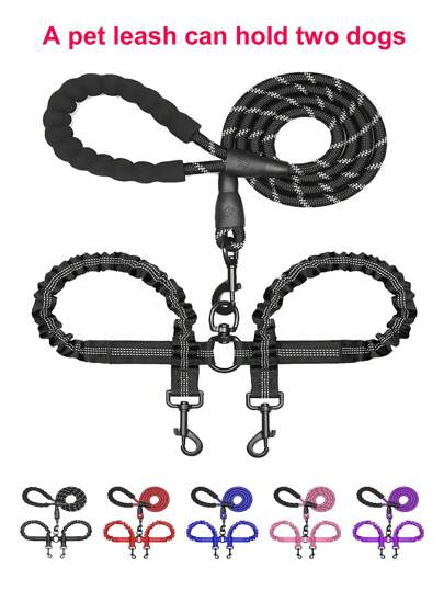 1pc Pet Double Leash Retractable Bungee Cord Reflection Night Nylon Dog Lead With Anti-Tangle System And Soft Handle, Pet Supplies