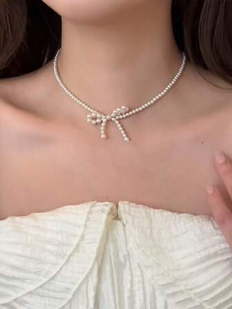 1 pieza Collar de cierre sencillo y dulce con lazo de terciopelo y decoración de perlas falsas para mujeres, estilo coreano para San Valentín, mamá, madre, Día de la Madre, regalo