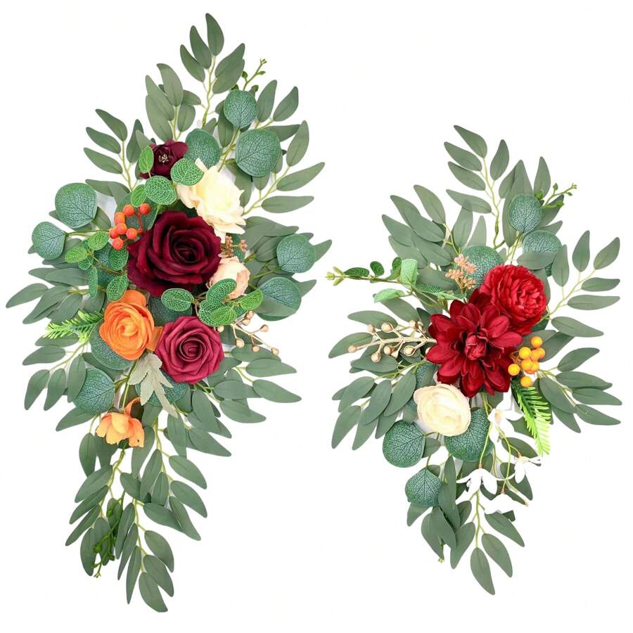 2pcs/Set Artificial Flower Swag Set Of 2 For Wedding Welcome Sign Floral Decoration And Wedding Signs For Ceremony Reception Table Home Decoration - Red - View 1