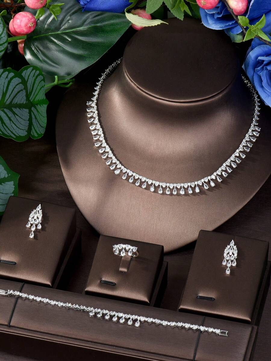 1套甜美立方氧化鋯淚滴和流蘇裝飾珠寶套裝，適用於紀念日和女性