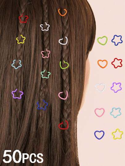 50入組兒童五彩愛心和五角星金屬髮環，嘻哈朋克髮飾，很適合辮子和戶外活動