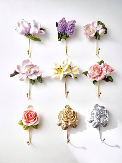 1pc Resin Material Hand-Painted Iron Hook With Simulated 3D Flower Decoration, Indoor Wall-Mounted Hook For Towel, Hat, Key