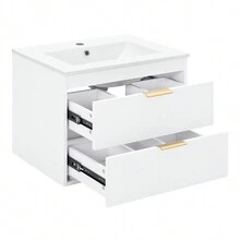 1 Piece Ceramic + MDF 24" Floating Wall Mounted Bathroom Vanity With White Ceramic Sink And Soft Close Door White - 白色 - 查看 4