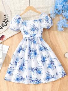 Vestido Casual de Verano para Niña Pre-Adolescente con Mangas Cortas y Estampado Floral con Cinturón