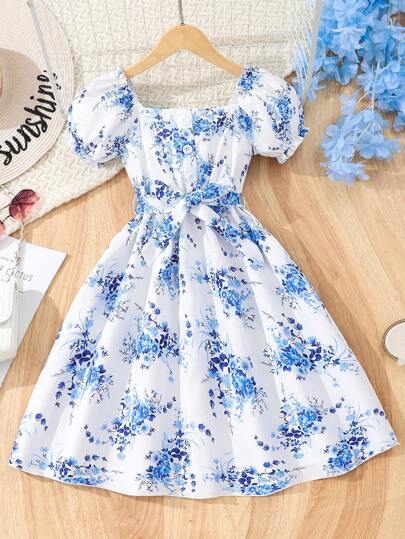 Tween Girl Summer Short Sleeve Floral Print Casual Dress With Belt