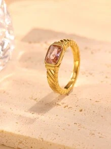 1枚不銹鋼金色、時尚粉色寶石女戒，適合日常佩戴或送禮 - 金黃色 - 查看 2