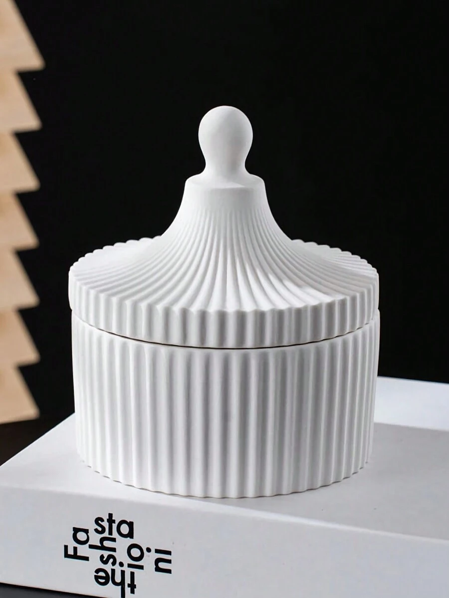 DIY Round Striped Candle Cup Mold, Jewelry Silicone Mold With Lid Storage Box, Home Decor, Crystal Epoxy Resin Mold, Plaster Clay Mold - White - View 1