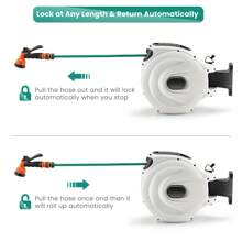 Garden Hose Reel Wall Mount, 1/2 Inch X 30m + 2m Retractable Hose Reel With 8 Pattern Hose Nozzle, 180˚ Swivel Bracket, 1/4 Inch NPT Fittings, Lockable Water Hose Reel, Easy Assembly, Green Hose - 白色 - 查看 5