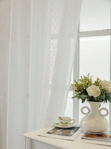 1 pieza Cortina translúcida con diseño floral 3D de estilo francés con lunares, versátil para dormitorio, sala de estar, balcón, ventana de estudio, disponible en varios colores - Blanco - Ver 9