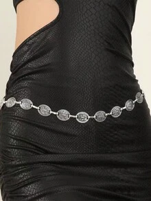 Y2K Vintage Western Style Metal Chain Waist Chain With Embossed Floral Pattern, Multi-Layer Body Chain For Women's Waist - Silver - View 3