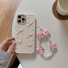 Tương thích với 16 có dây đeo điện thoại di động thời trang 3D ngọc trai giả thiết kế ốp lưng TPU có dây xích, tương thích với iPhone15promax/ Tương thích với iPhone15/ Tương thích với iPhone15plus/ Tương thích với iPhone14promax/ Tương thích với iPhone14pro/Phone14 sang trọng Tương thích với iPhone13 Goddess 12/12pro/11, Ốp bảo vệ điện thoại chống rơi có nút mạ điện - Màu be - Xem 3