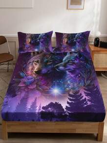3入組紫色動物狼紋床上用品套裝（1床單+2枕套，不含枕芯），高清印花適用於家居和宿舍 - 彩色 - 查看 4