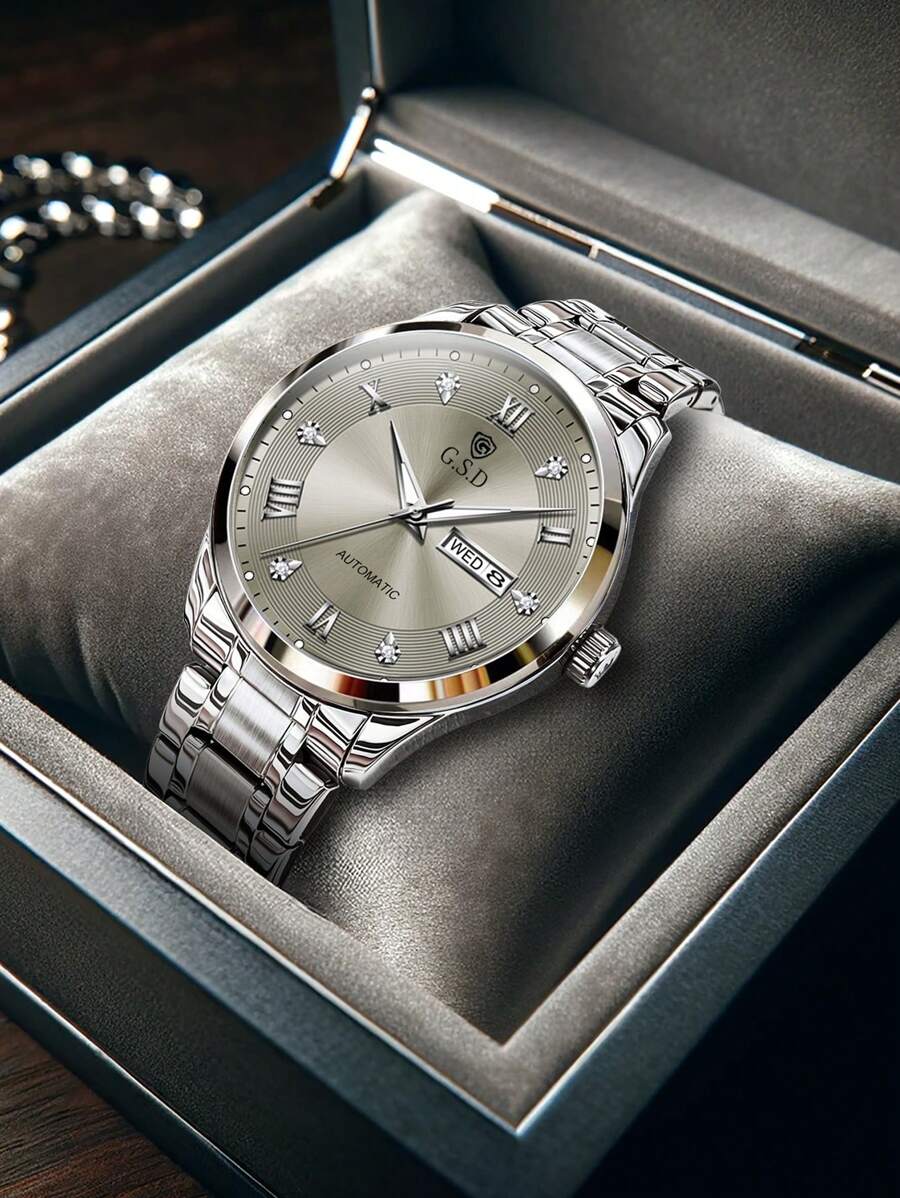 1pc Men's Silver Stainless Steel Strap Business Style Luxury Automatic Calendar Watch