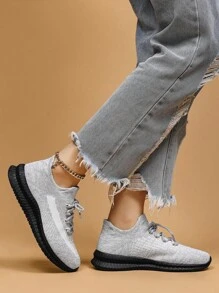 Women's Fashionable Lace-Up Front Low Top Slip On Sneakers, Casual Comfortable Splash Ink Sole Ankle Socks Shoes, Knit Breathable Sports Running Shoes For Daily Wear Spring