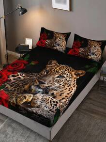 Bộ chăn ga gối đệm 3 món họa tiết hoa hồng đỏ và da báo (1 ga trải giường + 2 vỏ gối, không bao gồm ruột gối), in họa tiết độ nét cao dùng cho gia đình và ký túc xá - Nhiều màu - Xem 4