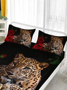 Bộ chăn ga gối đệm 3 món họa tiết hoa hồng đỏ và da báo (1 ga trải giường + 2 vỏ gối, không bao gồm ruột gối), in họa tiết độ nét cao dùng cho gia đình và ký túc xá - Nhiều màu - Xem 5