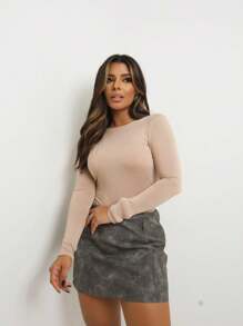 Women's Bodysuit, Second Skin, Long Sleeves, Open Back, Basic, Stylish, Fashion Blogger Style, Autumn/Winter - 米色 - 查看 1