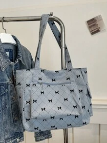 1 件装时尚撞色蝴蝶结印花单肩包，简约轻便，多口袋设计，可单肩背也可手提 - 藍色 - 查看 3