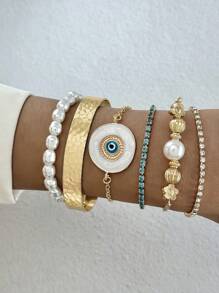 imoli Set de 5 pulseras de mujer con ojos de diablo, efecto de goteo y diamantes de imitación, longitud de cadena personalizada (con ligeras variaciones en la cantidad de cuentas de ojo y tonos de color del efecto de aceite) - 26076-oro - Ver 23