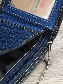 JEMINAL Men's Casual Tri-Fold Canvas Wallet With Anti-Theft Chain, Street Style Color Block Purse - Navy Blue - View 6