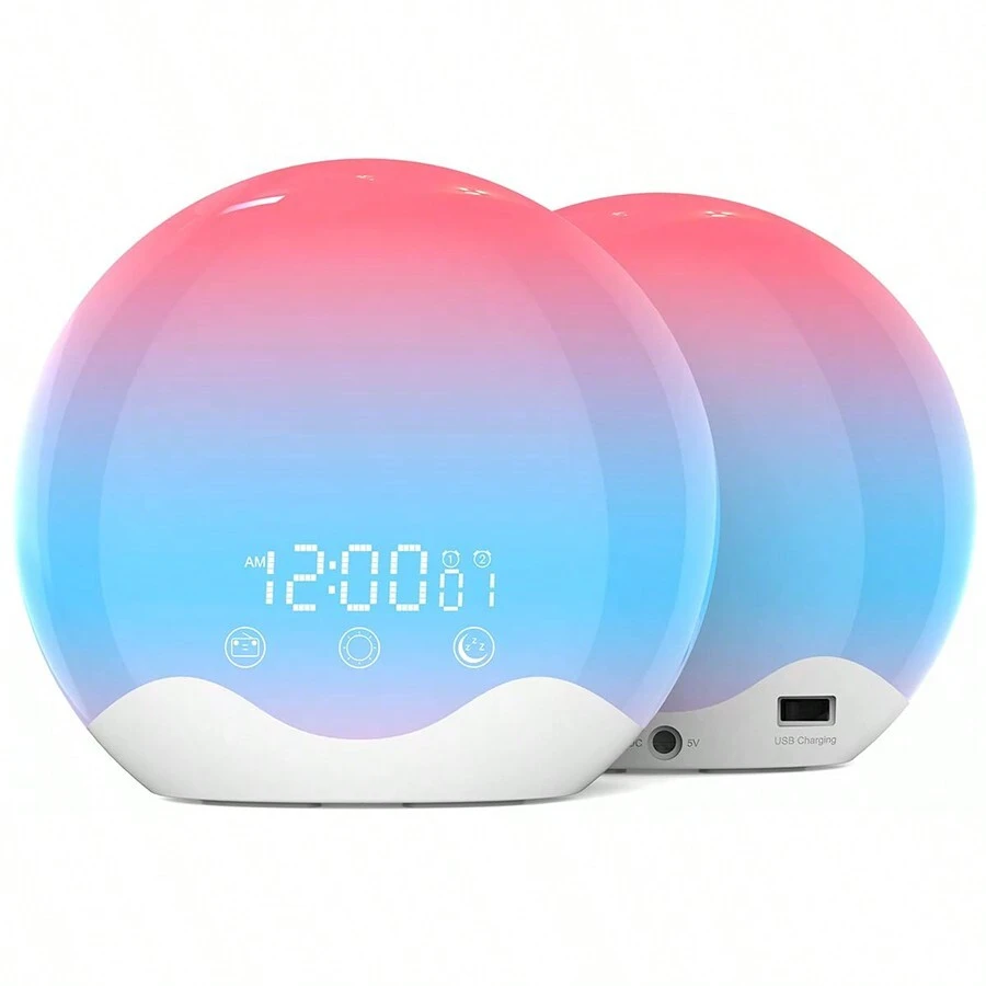 1入日出模擬鬧鐘喚醒燈，觸控及雙面自然光線，含1個USB電纜，雙鬧鐘及貪睡功能，12種顏色夜燈，適合兒童、重度睡眠者、臥室及助眠 - 白色 - 查看 1